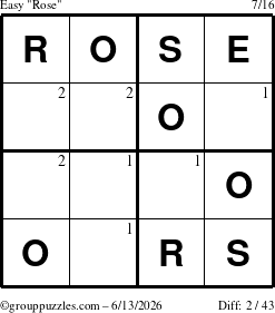 The grouppuzzles.com Easy Rose puzzle for Saturday June 13, 2026 with the first 2 steps marked