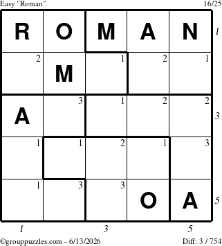 The grouppuzzles.com Easy Roman puzzle for Saturday June 13, 2026 with all 3 steps marked
