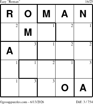 The grouppuzzles.com Easy Roman puzzle for Saturday June 13, 2026 with the first 3 steps marked