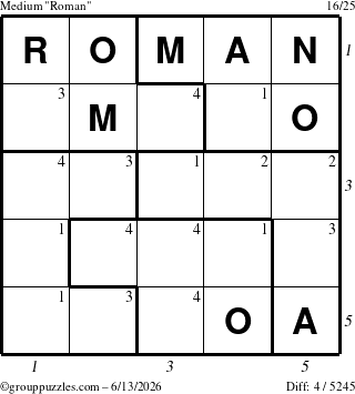 The grouppuzzles.com Medium Roman puzzle for Saturday June 13, 2026, suitable for printing, with all 4 steps marked