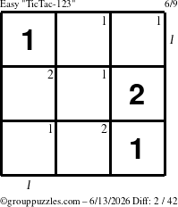 The grouppuzzles.com Easy TicTac-123 puzzle for Saturday June 13, 2026, suitable for printing, with all 2 steps marked