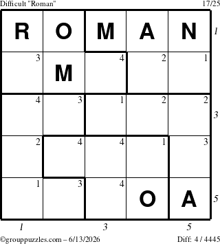 The grouppuzzles.com Difficult Roman puzzle for Saturday June 13, 2026 with all 4 steps marked