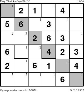 The grouppuzzles.com Easy Sudoku-6up-UR-D puzzle for Saturday June 13, 2026 with the first 3 steps marked