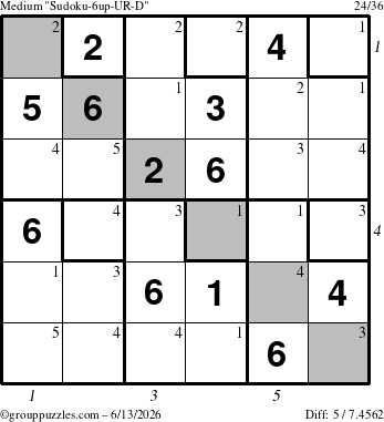 The grouppuzzles.com Medium Sudoku-6up-UR-D puzzle for Saturday June 13, 2026 with all 5 steps marked