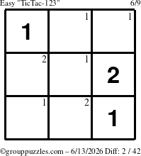 The grouppuzzles.com Easy TicTac-123 puzzle for Saturday June 13, 2026 with the first 2 steps marked