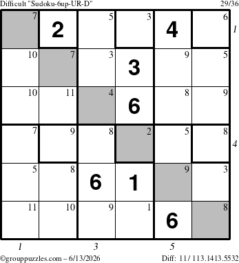 The grouppuzzles.com Difficult Sudoku-6up-UR-D puzzle for Saturday June 13, 2026 with all 11 steps marked