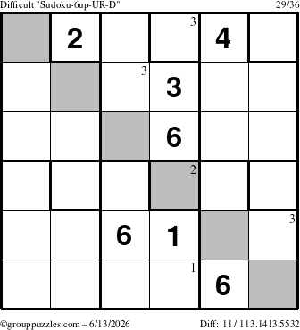 The grouppuzzles.com Difficult Sudoku-6up-UR-D puzzle for Saturday June 13, 2026 with the first 3 steps marked
