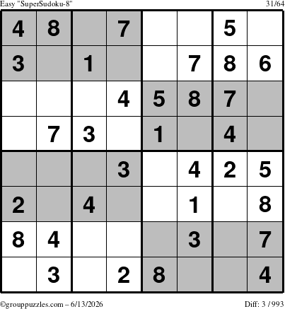 The grouppuzzles.com Easy SuperSudoku-8 puzzle for Saturday June 13, 2026