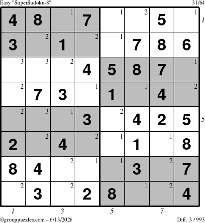 The grouppuzzles.com Easy SuperSudoku-8 puzzle for Saturday June 13, 2026, suitable for printing, with all 3 steps marked