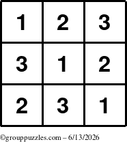 The grouppuzzles.com Answer grid for the TicTac-123 puzzle for Saturday June 13, 2026