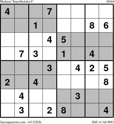 The grouppuzzles.com Medium SuperSudoku-8 puzzle for Saturday June 13, 2026