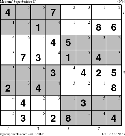 The grouppuzzles.com Medium SuperSudoku-8 puzzle for Saturday June 13, 2026, suitable for printing, with all 6 steps marked