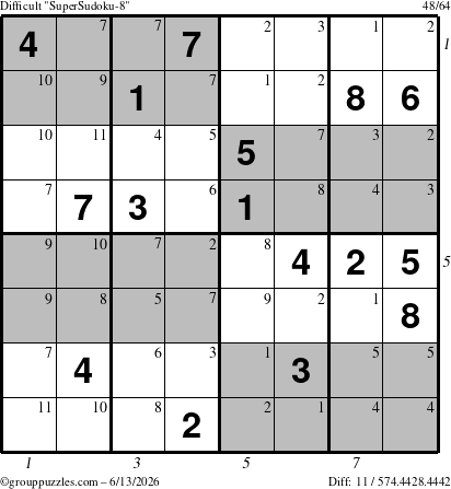 The grouppuzzles.com Difficult SuperSudoku-8 puzzle for Saturday June 13, 2026, suitable for printing, with all 11 steps marked