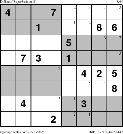 The grouppuzzles.com Difficult SuperSudoku-8 puzzle for Saturday June 13, 2026 with the first 3 steps marked