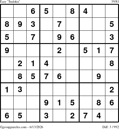 The grouppuzzles.com Easy Sudoku puzzle for Saturday June 13, 2026