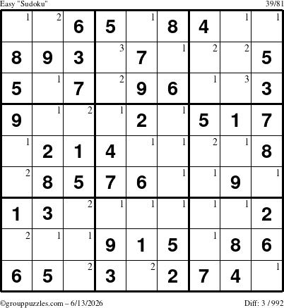 The grouppuzzles.com Easy Sudoku puzzle for Saturday June 13, 2026 with the first 3 steps marked
