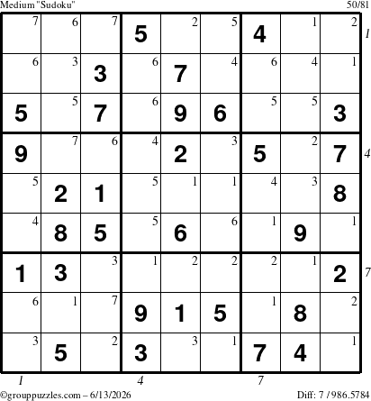 The grouppuzzles.com Medium Sudoku puzzle for Saturday June 13, 2026 with all 7 steps marked