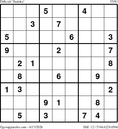 The grouppuzzles.com Difficult Sudoku puzzle for Saturday June 13, 2026