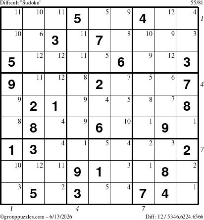 The grouppuzzles.com Difficult Sudoku puzzle for Saturday June 13, 2026 with all 12 steps marked
