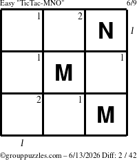 The grouppuzzles.com Easy TicTac-MNO puzzle for Saturday June 13, 2026 with all 2 steps marked