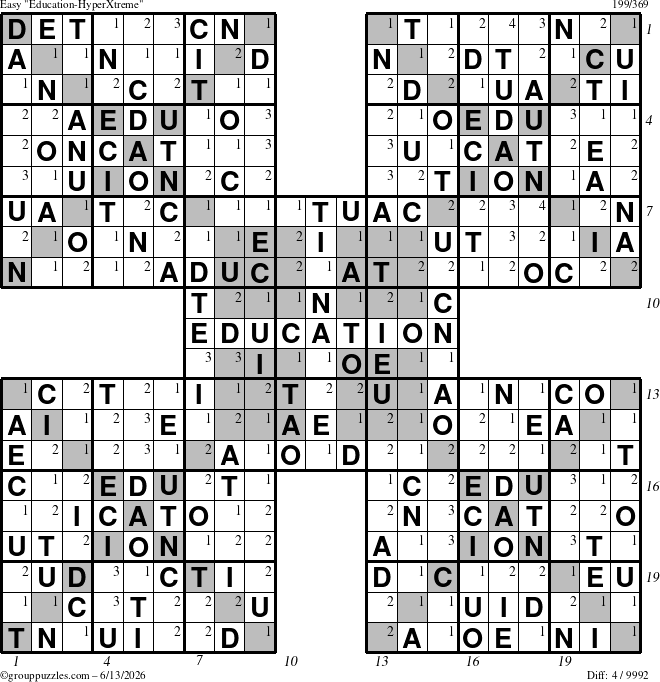The grouppuzzles.com Easy Education-HyperXtreme puzzle for Saturday June 13, 2026 with all 4 steps marked