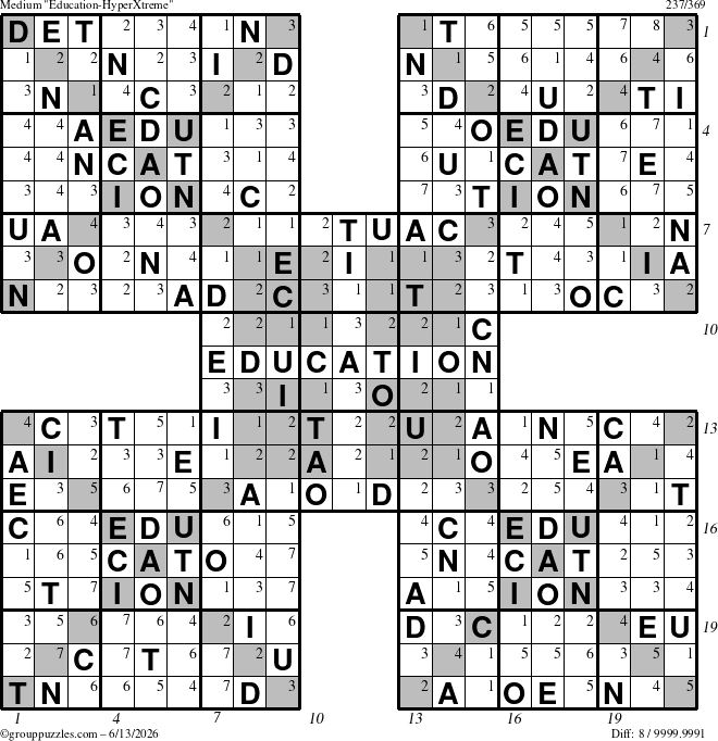 The grouppuzzles.com Medium Education-HyperXtreme puzzle for Saturday June 13, 2026 with all 8 steps marked