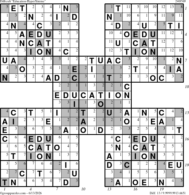 The grouppuzzles.com Difficult Education-HyperXtreme puzzle for Saturday June 13, 2026, suitable for printing, with all 13 steps marked