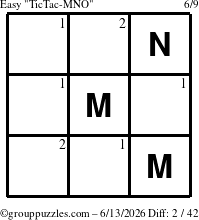 The grouppuzzles.com Easy TicTac-MNO puzzle for Saturday June 13, 2026 with the first 2 steps marked