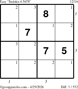 The grouppuzzles.com Easy Sudoku-4-5678 puzzle for Wednesday April 29, 2026, suitable for printing, with all 3 steps marked