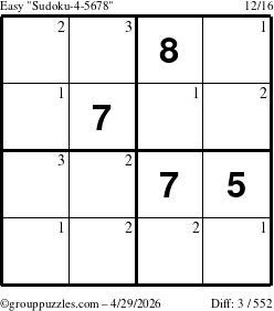 The grouppuzzles.com Easy Sudoku-4-5678 puzzle for Wednesday April 29, 2026 with the first 3 steps marked
