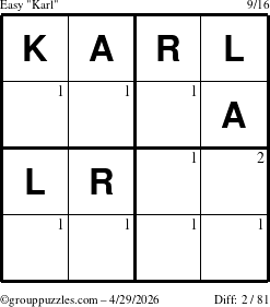 The grouppuzzles.com Easy Karl puzzle for Wednesday April 29, 2026 with the first 2 steps marked