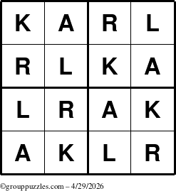 The grouppuzzles.com Answer grid for the Karl puzzle for Wednesday April 29, 2026
