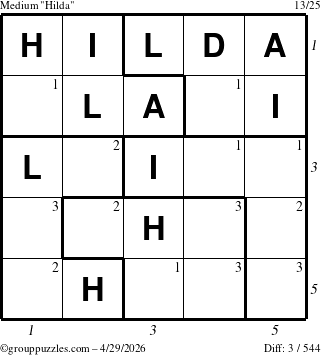The grouppuzzles.com Medium Hilda puzzle for Wednesday April 29, 2026, suitable for printing, with all 3 steps marked
