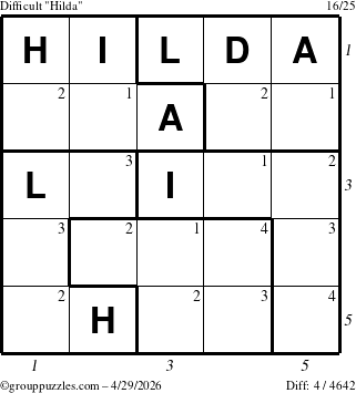The grouppuzzles.com Difficult Hilda puzzle for Wednesday April 29, 2026 with all 4 steps marked