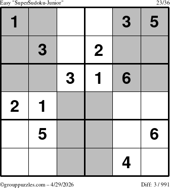The grouppuzzles.com Easy SuperSudoku-Junior puzzle for Wednesday April 29, 2026