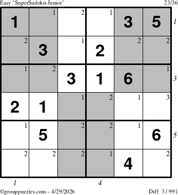 The grouppuzzles.com Easy SuperSudoku-Junior puzzle for Wednesday April 29, 2026, suitable for printing, with all 3 steps marked