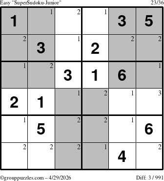 The grouppuzzles.com Easy SuperSudoku-Junior puzzle for Wednesday April 29, 2026 with the first 3 steps marked