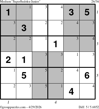 The grouppuzzles.com Medium SuperSudoku-Junior puzzle for Wednesday April 29, 2026 with all 5 steps marked