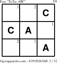 The grouppuzzles.com Easy TicTac-ABC puzzle for Wednesday April 29, 2026 with the first 2 steps marked