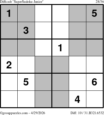 The grouppuzzles.com Difficult SuperSudoku-Junior puzzle for Wednesday April 29, 2026