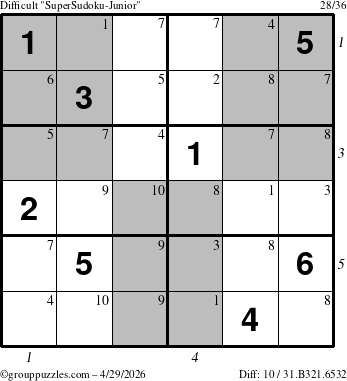 The grouppuzzles.com Difficult SuperSudoku-Junior puzzle for Wednesday April 29, 2026 with all 10 steps marked