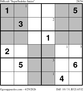 The grouppuzzles.com Difficult SuperSudoku-Junior puzzle for Wednesday April 29, 2026 with the first 3 steps marked