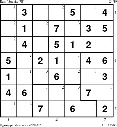 The grouppuzzles.com Easy Sudoku-7B puzzle for Wednesday April 29, 2026, suitable for printing, with all 3 steps marked