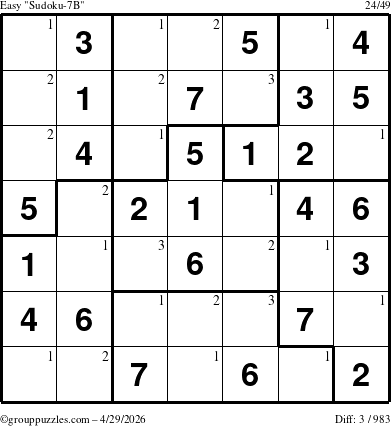 The grouppuzzles.com Easy Sudoku-7B puzzle for Wednesday April 29, 2026 with the first 3 steps marked