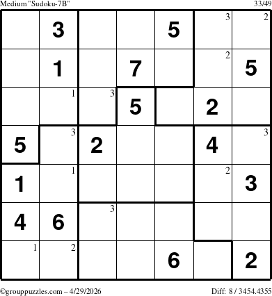 The grouppuzzles.com Medium Sudoku-7B puzzle for Wednesday April 29, 2026 with the first 3 steps marked