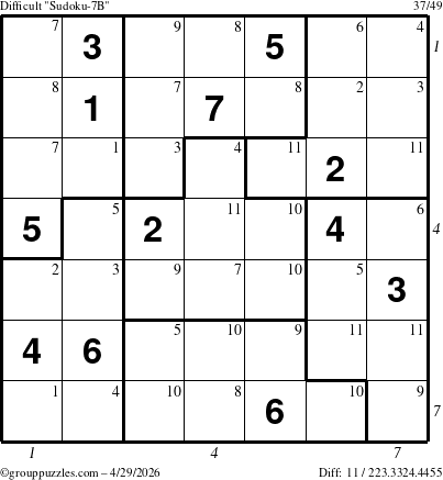 The grouppuzzles.com Difficult Sudoku-7B puzzle for Wednesday April 29, 2026 with all 11 steps marked
