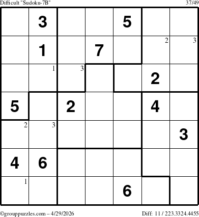 The grouppuzzles.com Difficult Sudoku-7B puzzle for Wednesday April 29, 2026 with the first 3 steps marked
