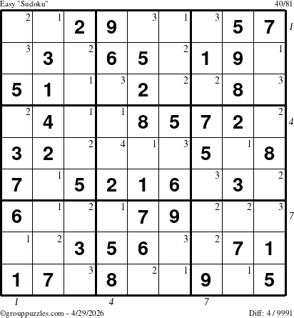 The grouppuzzles.com Easy Sudoku puzzle for Wednesday April 29, 2026 with all 4 steps marked