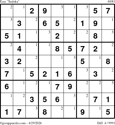 The grouppuzzles.com Easy Sudoku puzzle for Wednesday April 29, 2026 with the first 3 steps marked