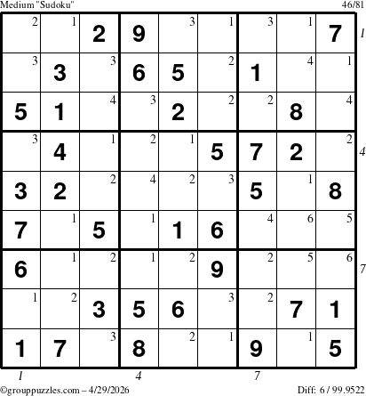 The grouppuzzles.com Medium Sudoku puzzle for Wednesday April 29, 2026 with all 6 steps marked
